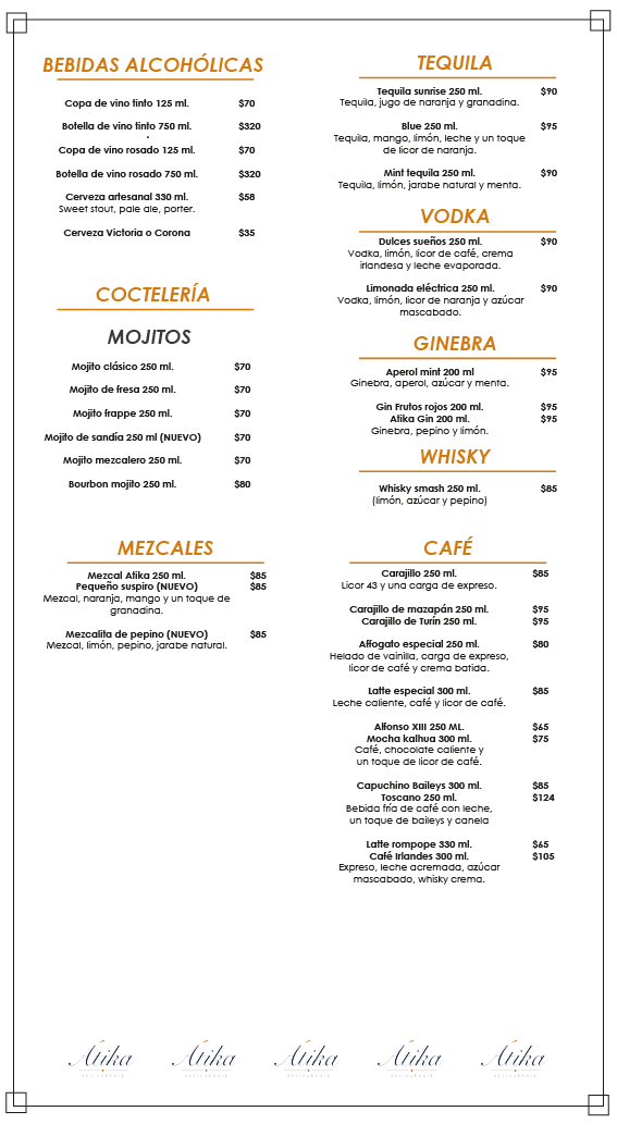 Bebidas frias con alcohol ATIKA Restaurante