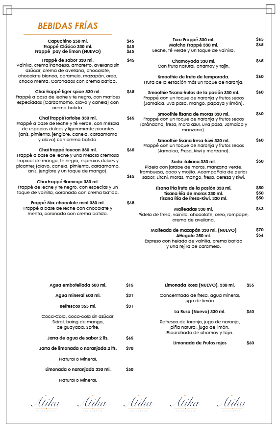 Bebidas frias ATIKA Restaurante